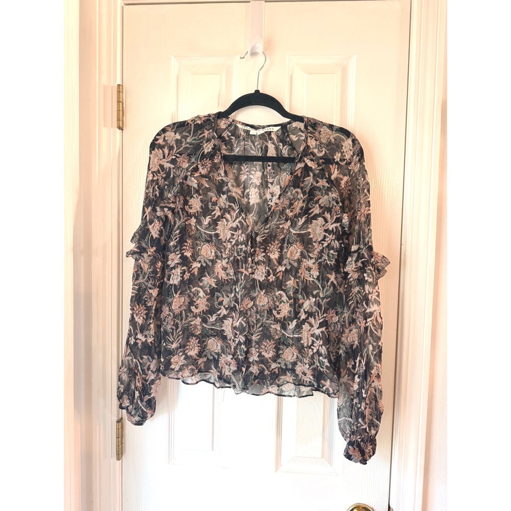 Veronica Beard Floral Silk Blend Metallic Stripe‎ Ruffle Blouse Black Multi 2